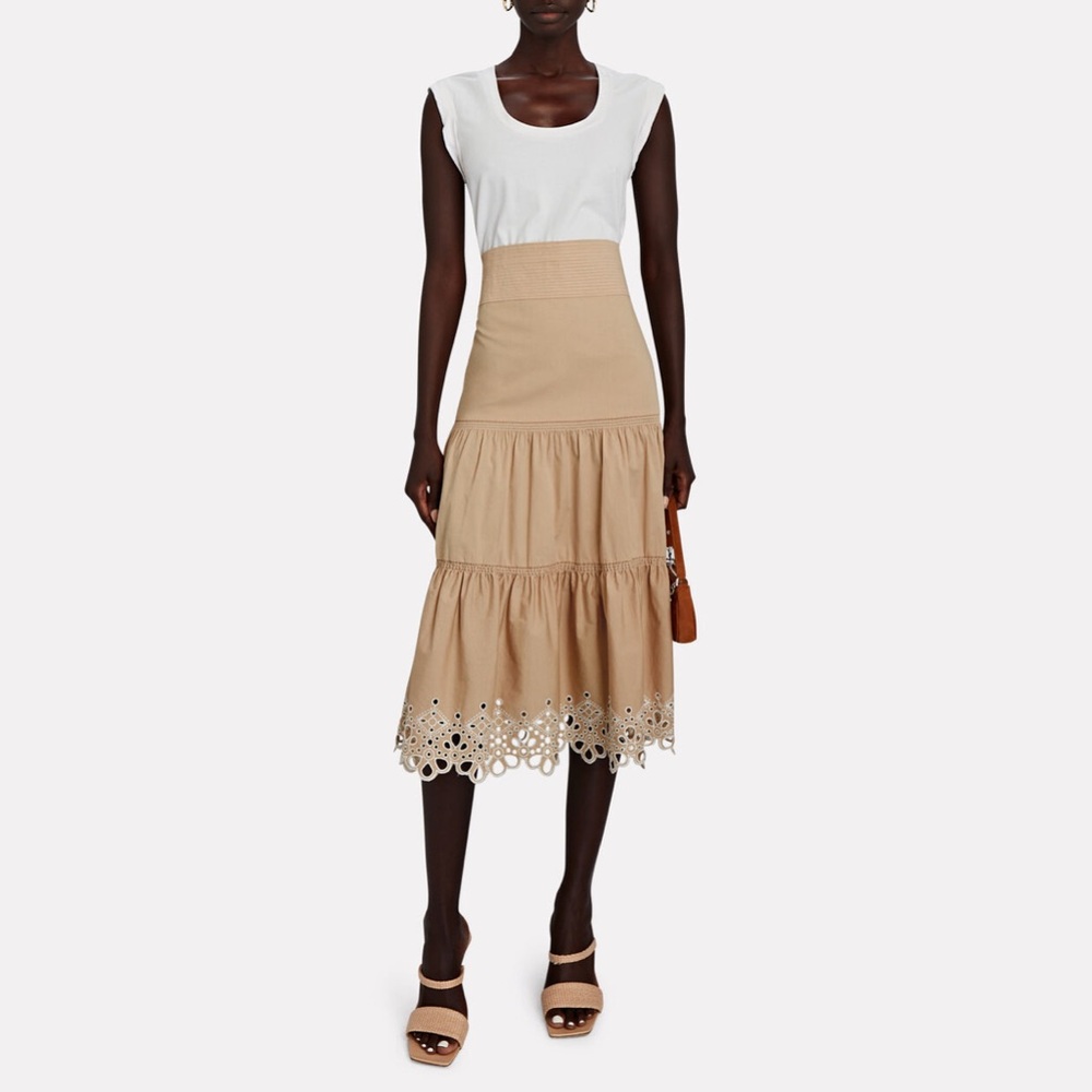 Tiered Eyelet Hem Midi Skirt in Beige